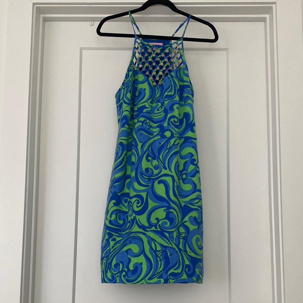 Lilly Pulitzer Blue and Green Swirl Mini Dress with gold details M